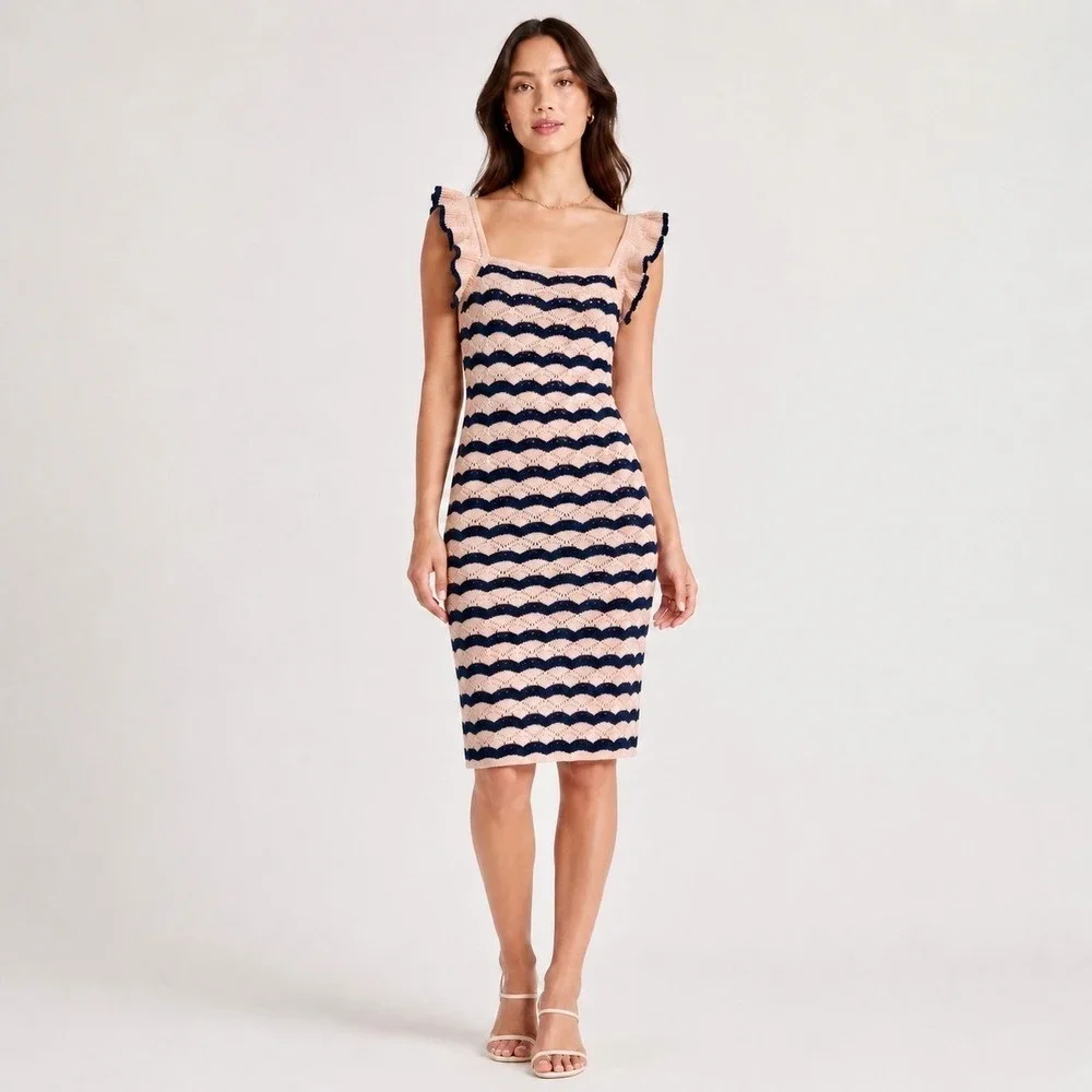 NWT Midi Dress Crochet Knit Chevron Ruffle Blush Cream Navy Nautical Soft Girl - Picture 11 of 11